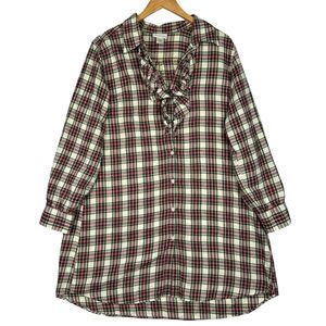 Soft Surroundings Plaid Ruffle Tunic Top Large 100% Cotton Button Front‎